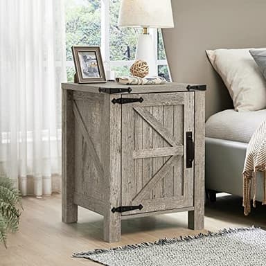 OKD Nightstand with Charging Station, 18 Inch Farmhouse End Table with Barn Door and Adjustable Storage Shelf, Rustic Wood Sofa Side Table w/Magnetic Door for Living Room, Bedroom, Light Rustic Oak - Image 2