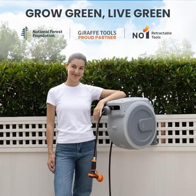 Giraffe Tools Heavy Duty Retractable Garden Hose Reel 1/2 130 FT, Wall Mounted with 9 Pattern Nozzle & Detachable Leader Hose, 180° Swivel Bracket, Any Length Lock, Commercial Grade (Light Grey) - Image 7