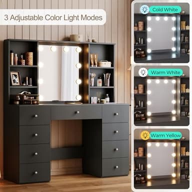 LINSY HOME Vanity with Storage, Black Makeup Vanity with Mirror and Lights, 47" Make Up Vanity Desk with Drawers, Shelves & Charging Station, Modern Large Vanity Table for Bedroom, Women, Girls - Image 5
