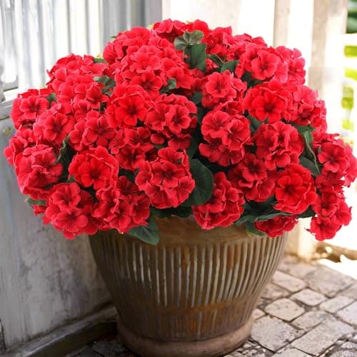 Hananona 6 Pcs Artificial Geranium Flowers for Outdoors Geranium Silk Red Flower Outdoor UV Resistant Garden Plants Faux Flowers for Christmas Home Kitchen Table Centerpieces Decor (6, Red) - Image 1