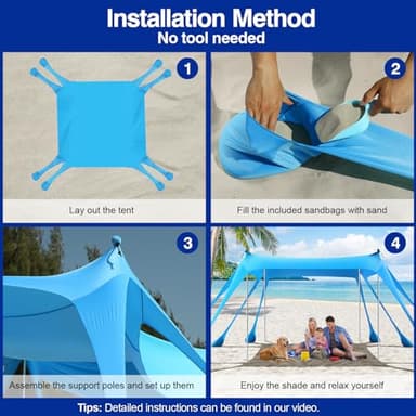 Rhino Valley Beach Tent, 10 x 10 FT Beach Shade UPF50+ Protection, Beach Canopy with 8 Sandbags 4 Stability Poles, Outdoor Beach Tent Sun Shelter Umbrella for Sand,Camping,Fishing Essentials, Sky Blue - Image 5