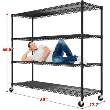 REIBII 60''W Storage Shelves 2399LBS Metal Shelving Unit with Wheels & Feet, 4 Tier Garage Shelving Heavy Duty Adjustable Wire Shelf for Pantry Kitchen Garage, 60" W x 18" D x 65.5" H, 2 Pack - Image 3