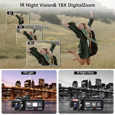 Video Camera, 8K Camcorder 48MP 15FPS UHD WiFi Vlogging Camera with IR Night Vision for YouTube, 3" Touch Screen 18X Digital Zoom, with Fill Light, Mic, Stabilizer, Lens Hood, Remote and 2 Batteries - Image 3