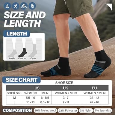 Anlisim Merino Wool Quarter Hiking Socks Compression Warm Thermal Winter Thick Cushion Running Moisture Wicking No Show Socks Gifts Stocking Stuffers for Women Men 6 Pairs(Black Mixed,L) - Image 5