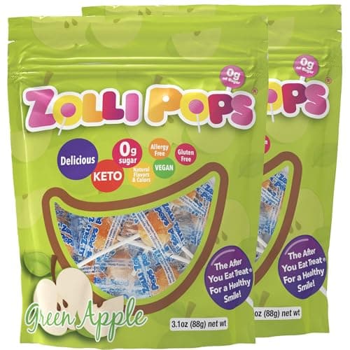 Zollipops Clean Teeth Pops Sugar Free Candy with Xylitol, Dye-Free Lollipops - Keto & Diabetic-Friendly, Dentist-Approved Treats for Kids (Green Apple, 3.1 oz, Pack of 2) - Image 1