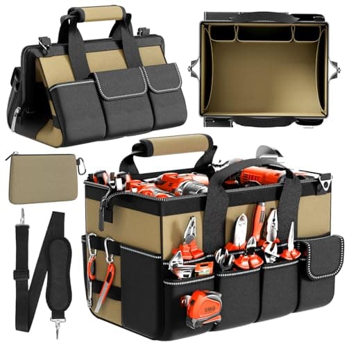 Goovilla Tool Bag 15.5 Inch with 1 Pouch | 17-Pocket Portable Tool Box Organizer Storage with Adjustable Strap, Soft Handle and Durable Zipper | Heavy Duty Tool Bags for Men, Father’s Day (Khaki) - Image 1
