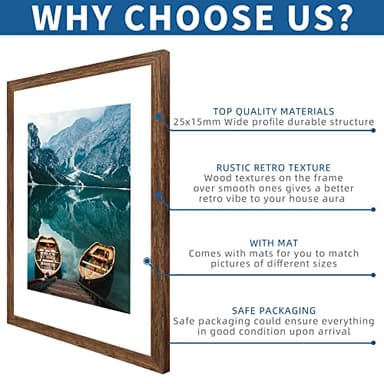 Hongkee 24x30 Frame Set of 2, Rustic Brown Wood Style - Display 18x24 Picture Frame with Mat or 24 x 30 Poster without Mat, Wall Mounting Horizontal and Vertical - Image 6