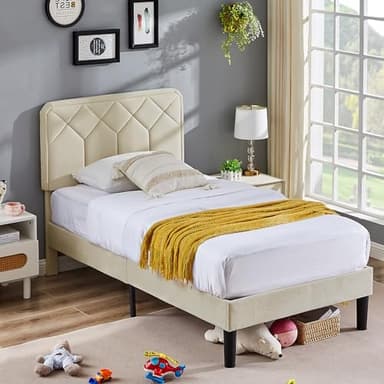 VECELO Twin Size Bed Frame Premium Velvet Upholstered Platform with Height Adjustable Headboard/Mattress Foundation, Solid Wooden Slat Support, No Box Spring Needed/Easy Assembly - Image 3