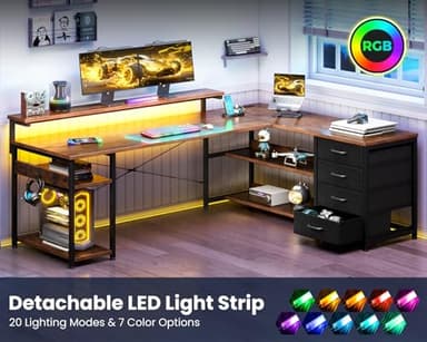 AODK 61" L Shaped Desk with Drawer, Computer Desk with Power Outlets & LED Lights, Reversible Corner Gaming Desks for Home Office Workstation, Office Table with Monitor Shelf, Vintage - Image 7