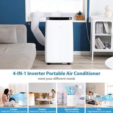 Portable Air Conditioners, 14000 BTU Air Conditioner for Rooms Up to 750 Sq.Ft, AC Unit with Heat, Sleep Mode, Dehumidifier, Fan, Remote Control, 24H Timer, Easy Setup for Bedrooms, Black Top - Image 6
