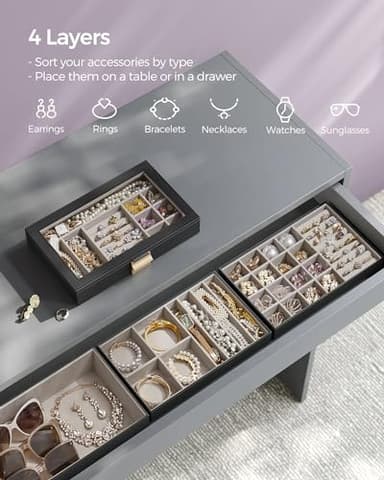 SONGMICS Stackable Jewelry Trays, 4-Tier Jewelry Box, Drawer Jewelry Organizer, with Glass Lid, Removable Dividers, for Vanity Table, 6.7 x 11 x 7.2 Inches, Gift Idea, Ink Black UJBC164B01 - Image 3