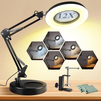12X Magnifying Glass with Light and Stand, 144 LEDs Brightest Desktop Magnifying Lamp, 10 Dimmable Brightness 5 Color Modes, Hands Free Metal Desk Lamp for Craft Reading Painting Hobby Close Work - Image 1