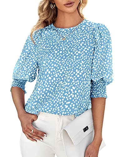 Teurkia Women's 3/4 Pleated Sleeve Blouse Crewneck Mixed Media Top Sky Blue - Image 1