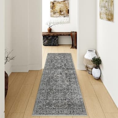 WondRg 2x8 Washable Runner Rug Black Vintage Distressed Hallway Kitchen Non Slip Low Pile Area Rug Living Room Bedroom Throw Rug Soft Indoor Carpet for Entrance Laundry Dining Room Bathroom - Image 4