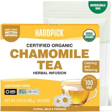 HANDPICK, Organic Chamomile Tea Bags (100 Herbal Tea Bags) Caffeine Free| Premium Floral Chamomile Herbal Tea in Eco-Conscious Teabags | Direct from Source - Image 1