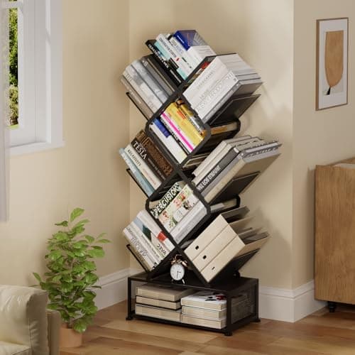 Onadak Metal 6 Tier Bookshelf, No Assembly Needed Foldable Bookcase with Storage Cabinet, Sturdy Standing Shelf for Bedroom Office Corner, Black​ - Image 1
