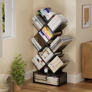 Onadak Metal 6 Tier Bookshelf, No Assembly Needed Foldable Bookcase with Storage Cabinet, Sturdy Standing Shelf for Bedroom Office Corner, Black​ - Image 1