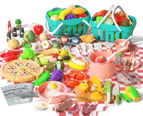 150Pcs Kitchen Playset, Toddlers Pretend Cooking Cookware Accessories, Food, Picnic Blanket, Fruits, Veges, 2Pack Shopping Storage Basket, Dessert and Prop Money, Gift for Kids (Pink) - Image 1