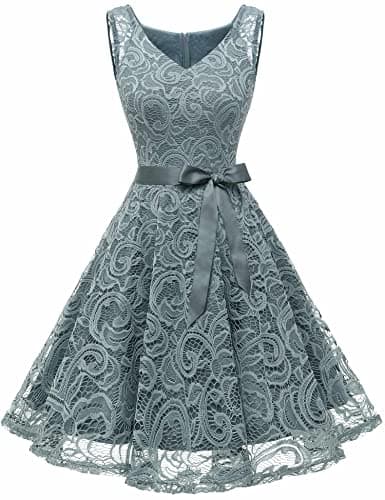 Dressystar 0010 Women Floral Lace Bridesmaid Party Dress Short Prom Dress V Neck Grey XXXL - Image 1