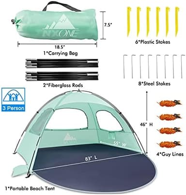 NXONE Beach Tent Sun Shelter with UPF 50+ UV Protection, Lightweight Easy Setup Portable Beach Canopy for Family, Windproof & Waterproof, Large Space for Beach, Camping & Outdoor, 3/4/6 Person - Image 7