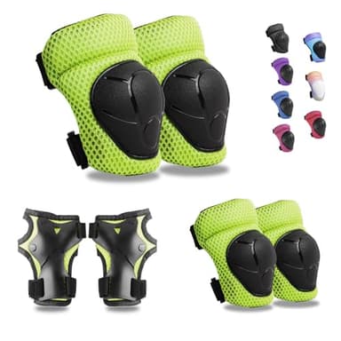 GEQID Kids Knee Pads Elbow Pads Wrist Guards Set ,Protective Gear for 4-6-12 Boys Girls Roller Skating Scooter Skateboarding Bike (Green, Free Size (4-12 Years or 40-80lbs)) - Image 1