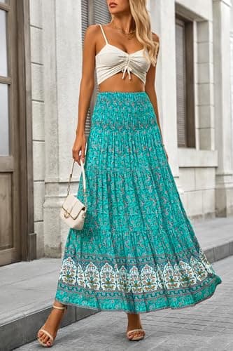 CFLONGE Summer Maxi Skirts for Women 2025 Fashion Boho Long Skirt Trendy Floral High Waist A Line Beach Skirt Vacation Outfit(Floral Green Yellow,Medium) - Image 7