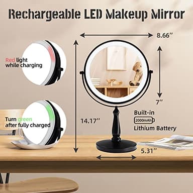WIZCHARK 9 "Large Light Makeup Mirror, 1x / 10x True HD Magnifying Mirror, 3-Color LED Light dimmable, 2 Rechargeable Makeup Mirrors 360° Rotation, Standing Desk Makeup Mirror, Black - Image 5