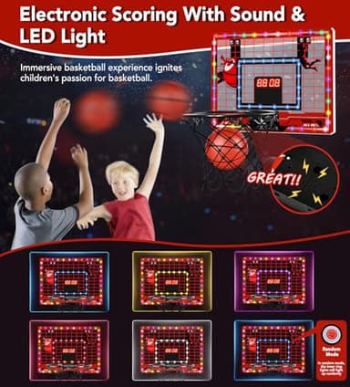 Basketball Hoop Indoor for Kids-Over The Door Mini Basketball Hoop with LED Light, Scoreboard, Remote Control and 3 Modes & Balls-Boys Girls Toys for Ages 3 4 5 6 7 8 9 10 + Years Old Birthday Gifts - Image 2