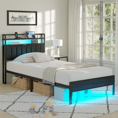 Twin Size Bed Frame with Charging Station and LED Lights, Metal Bed Frame with Headboard, Black Upholstered Headboard with 2-Tier Storage Shelves, Noise Free, No Box Spring Needed, Black - Image 8