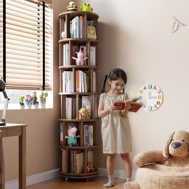 Muwuele Solid Wood Rotating Bookshelf on Wheels, 6 Tier, Round Revolving Bookcase, 360° Spinning Book Shelf Tower for Kids, Narrow Rolling Bookshelves for Small Space, Corner, Bedroom, Office, Walnut - Image 3