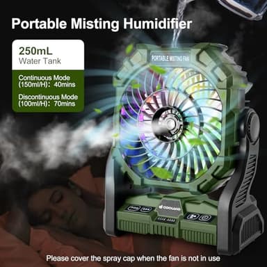 Odoland Portable Camping Fan with LED Lantern, 20000mAh Battery Operated Rechargeable Misting Fan with Light, 250mL Water Tank, Hook, Outdoor Tent Cooling Fans for Patios Beach Travel Summer, Green - Image 3