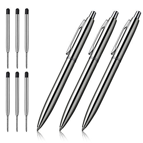ChaoQ 3 Pcs Retractable Metal Ballpoint Pens, for Gift, Business, Office, 1.0mm Medium Point Black Ink, 6 Extras Replaceable Metal Refills - Stainess Steel - Image 1