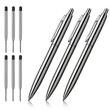 ChaoQ 3 Pcs Retractable Metal Ballpoint Pens, for Gift, Business, Office, 1.0mm Medium Point Black Ink, 6 Extras Replaceable Metal Refills - Stainess Steel - Image 1