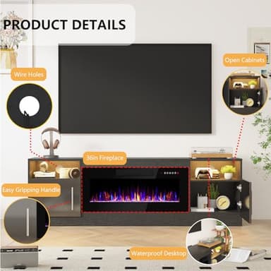 Fireplace TV Stand with 36" Fireplace Up to 80" TVs,70" Entertainment Center with LED Lights,Remote Control,TV Media Console with Storage Cabinets for Living Room, Black - Image 6