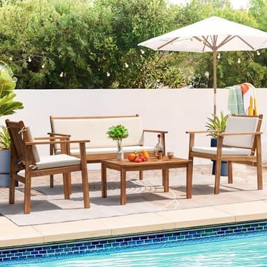 Greesum Outdoor Patio Furniture, 4 Piece Bistro Sofa Set with Coffee Table and Loveseat, Acacia Wood Conversation Sets with Cushions, for Garden, Backyard, Poolside, White - Image 3