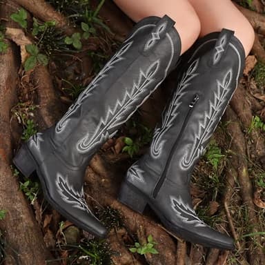 Rivalran Black Cowboy Boots for Women - Wide Calf Knee High Pointed Toe Chunky Heel Pull On Zipper Western Cowgirl Boots, Retro Country Vintage Fashion Tall Boots US Size 10 - Image 4