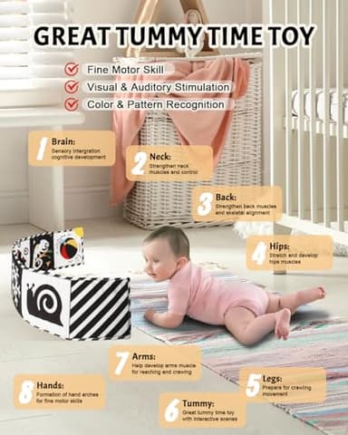 Tummy Time Toys, High Contrast Baby Book with Mirror & Teether, Black and White Infant Books, 0-6-12 Months Soft Book for Newborn, Sensory Books, Tummy Time Car Seat Toys 0-6 Month Boy Girl Gift - Image 2