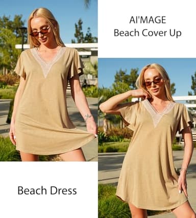 AI'MAGE Women's Swimsuit Coverups Bikini Beach Swimwear Cover Up V Neck Bathing Suit Cover Up Beach Dress Khaki L - Image 4