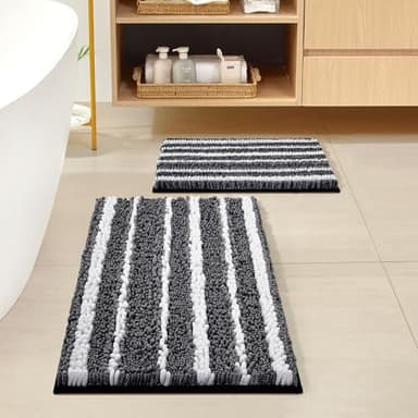 HOMEIDEAS Bathroom Rugs Sets 2 Piece, Cationic Dyed Chenille Extra Soft and Absorbent Non Slip Machine Washable Bath Mats (32"x20"+24"x17", Black) - Image 1
