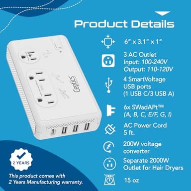 Ceptics 2000W Travel Voltage Converter for Hair Dryer & 200W Convert 220V to 110V for Curling Iron, Straightener, Chargers, Step Down World Power 4 USB Charging QC 3.0 SWadApt Type A, B, C, E/F, G, I - Image 6