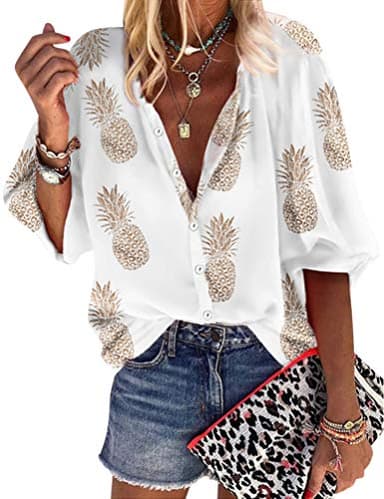 ZXZY Women Pineapple Printed Lapel Collar Half Sleeves Buttons Down Blouse Shirt - Image 1