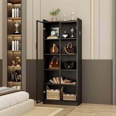 Display Cabinet with Doors and Adjustable Shelves, 65" Tall Bookcase with LED Lights/Human Sensor, 5 Tier Display Case for Collectibles Bedroom Living Room Office, Black - Image 7