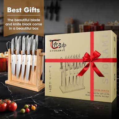 Japanese Knives Set for Kitchen, Magnetic Knife Set with Block and Sharpener, Stainless Steel Knife Set as Gift for Couple, Wedding, Women or Mom with Gift Box, 14 PCS Black Dot - Image 3