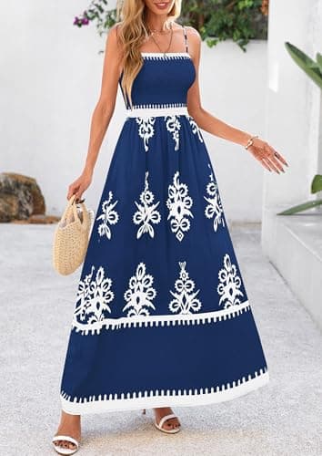 PRETTYGARDEN Summer Dress for Women 2025 Floral Sundress Spaghetti Strap Flowy Beach Vacation Boho Maxi Dresses (Dark Blue White Floral,Small) - Image 6