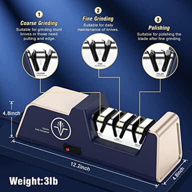 VIDOME Professional Electric Knife Sharpener with 100% Diamond Abrasives and Precision Angle Guides for Kitchen Straight Edge&Ceramic Knife Work Sharp, 3-stage Champagne Gold, afilador de cuchillos - Image 3