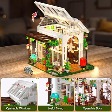 HOGOKIDS Flower House Building Set with LED Light - 1332 PCS Garden House Buiding Toy with Flowers Potted Plants Parrot Cat Animals Playset Greenhouse Model Xmas Gift for Adults Teens Girls Ages 8+ - Image 3