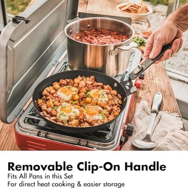 OXO Outdoor 8 Piece Camping Cookware Set, 10" Pre-Seasoned Carbon Steel Frying Pan Skillet, 2.25QT and 5QT Stainless Steel Saucepans with Lids, Removeable Handle, Trivet, Travel Bag, Space-Saving - Image 7