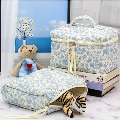 PAZIMIIK Quilted Makeup Bag Large Travel Zipper Soft Cosmetic Pouch for Women Girls Make Up,Little Flower Blue - Image 5