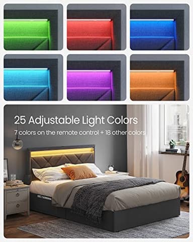 VASAGLE LED Bed Frame Full Size, Full Bed with Headboard and 4 Drawers, 1 USB Port and 1 Type C Port, Adjustable Upholstered Headboard 37.1/39.6 Inches, No Box Spring Needed, Dark Gray URMB822G71 - Image 3
