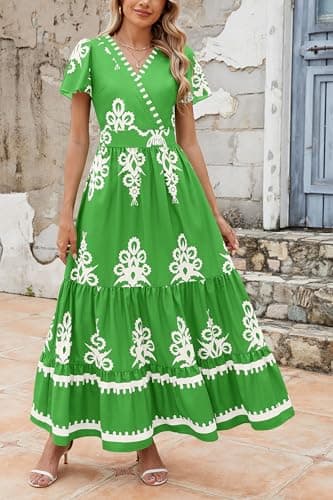 PRETTYGARDEN Womens 2025 Summer Casual V Neck Boho Maxi Dress Flowy Aline Bell Sleeve Tiered Floral Dresses with Pocket (Floral Green White,Small) - Image 4